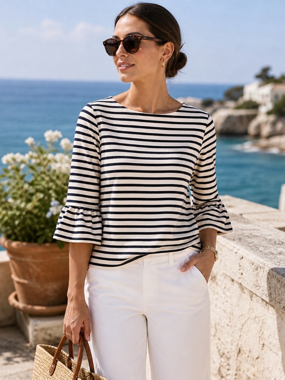 Made in USA striped top S Black/white crinkle 3/4 sleeve ruffle coastal boxy